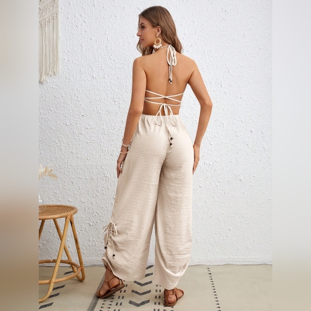 Women's Solid Color Cross Halter Strap Jumpsuit - Picture 2 of 6